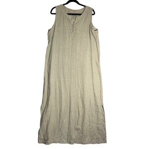 J Jill Linen V Neck Button Accent Maxi Dress Beige Tan Size L Sleeveless